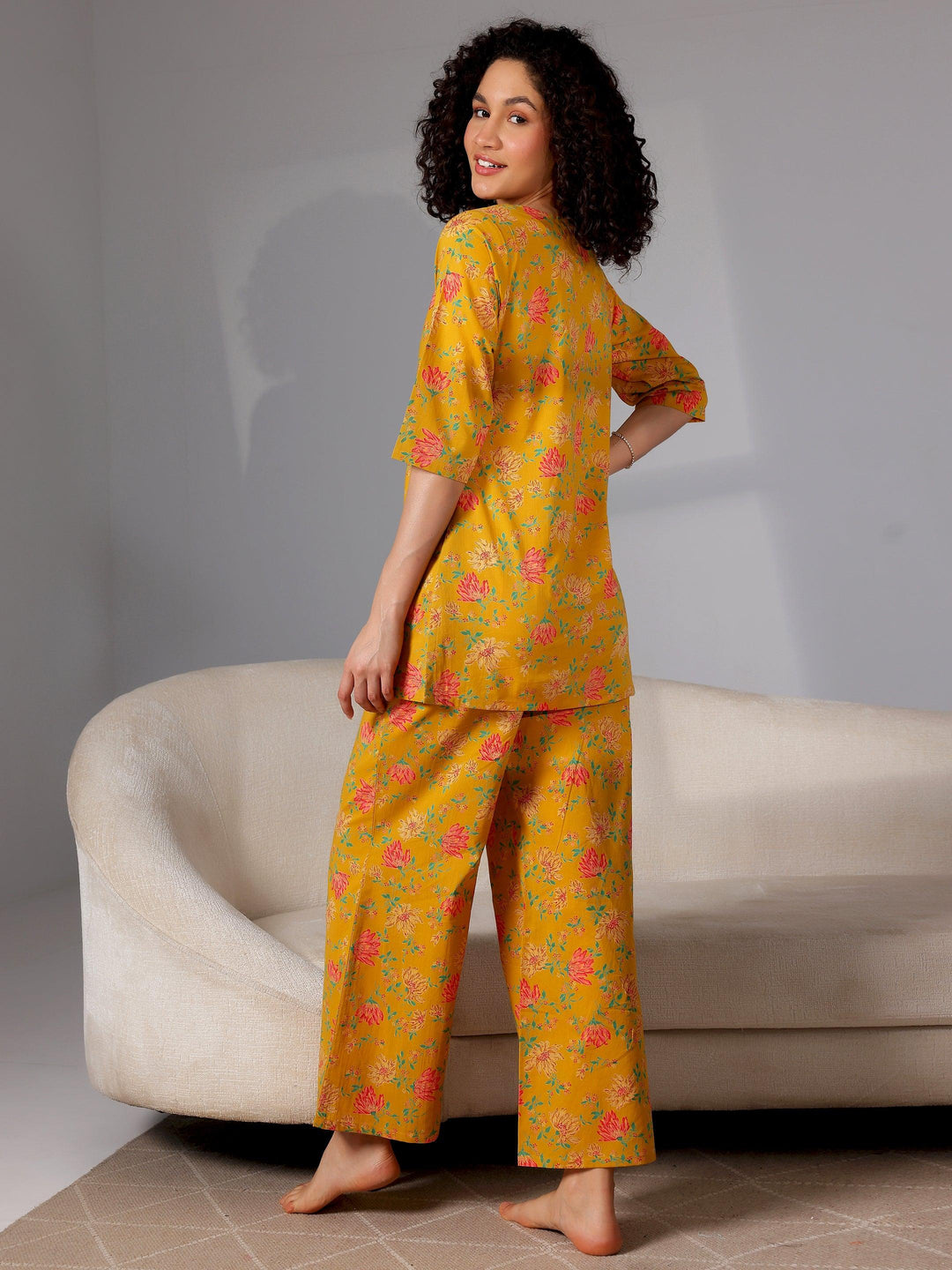 Mustard Printed Cotton Night Suits - Libas