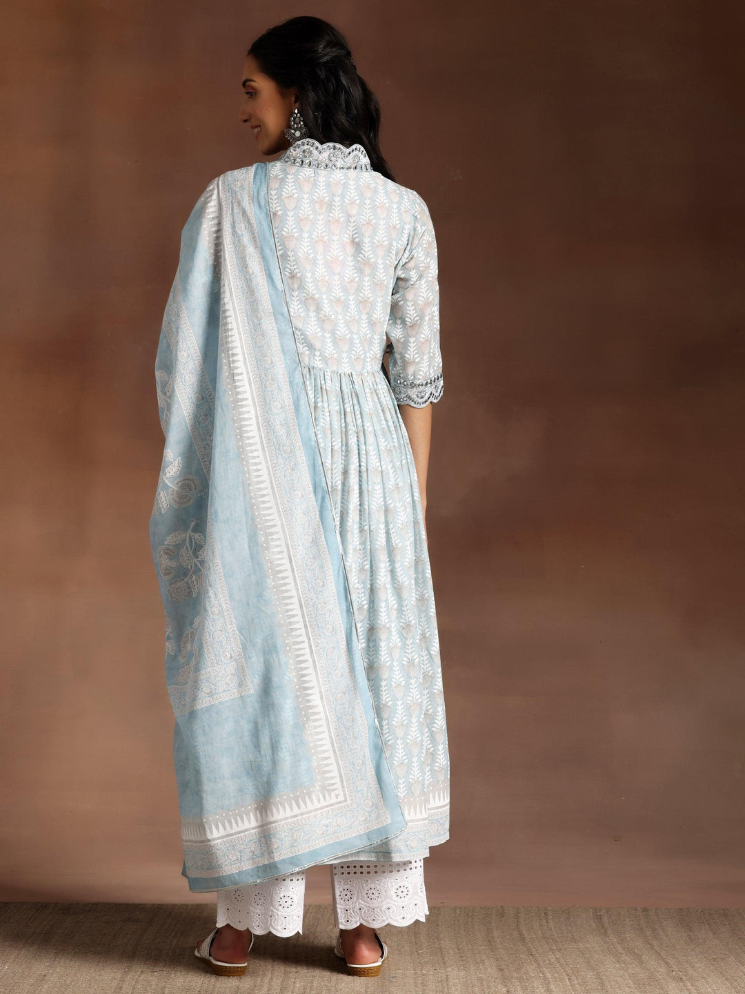 Grey Printed Cotton A-Line Kurta With Palazzos & Dupatta - Libas 