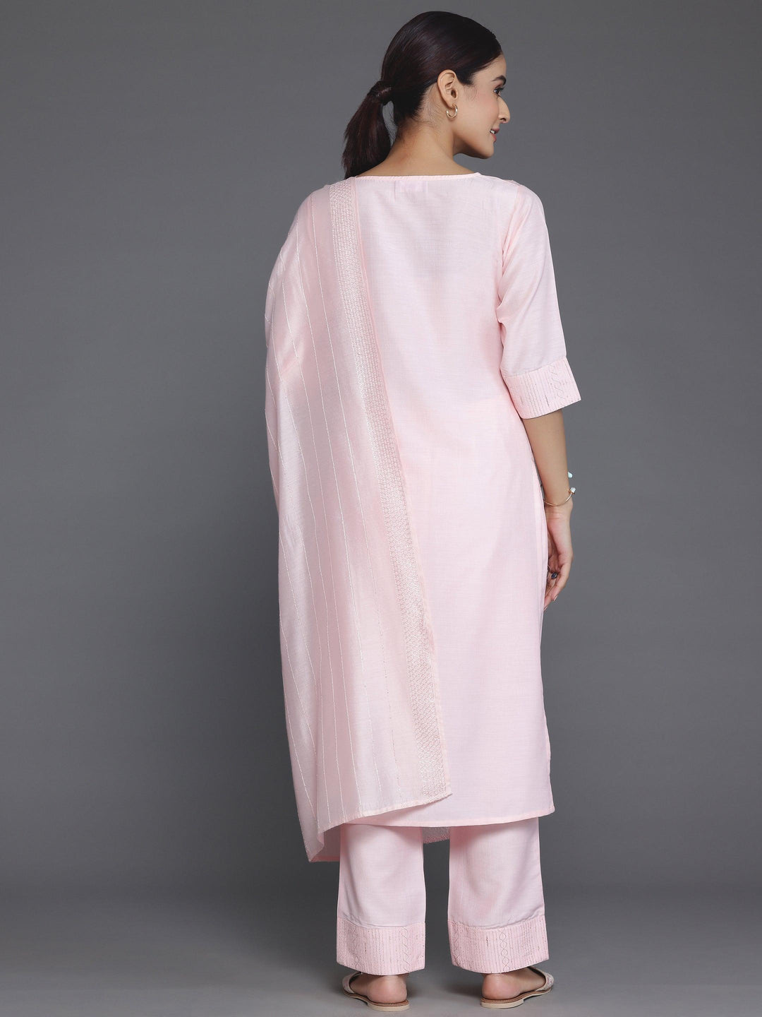 Peach Self Design Silk Blend Straight Suit With Dupatta - Libas 