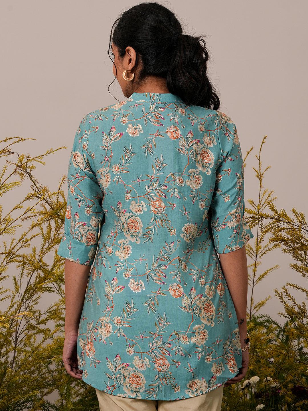 Blue Printed Silk Blend A-Line Kurti - Libas 