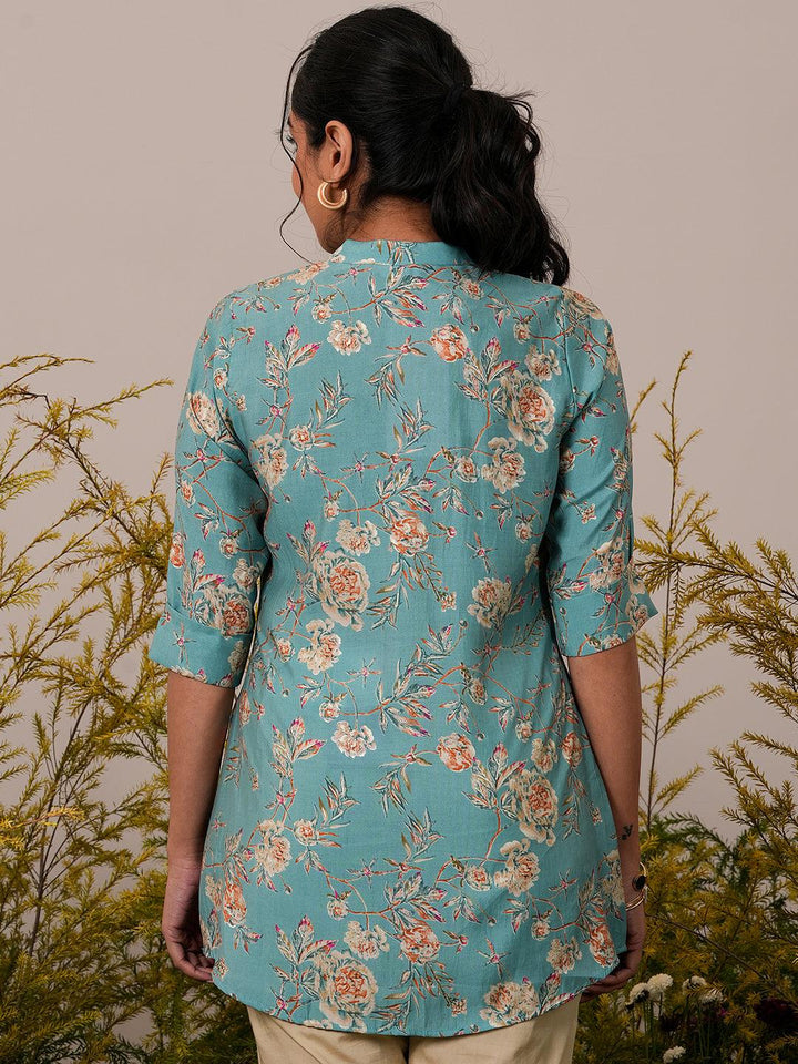 Blue Printed Silk Blend A-Line Kurti - Libas