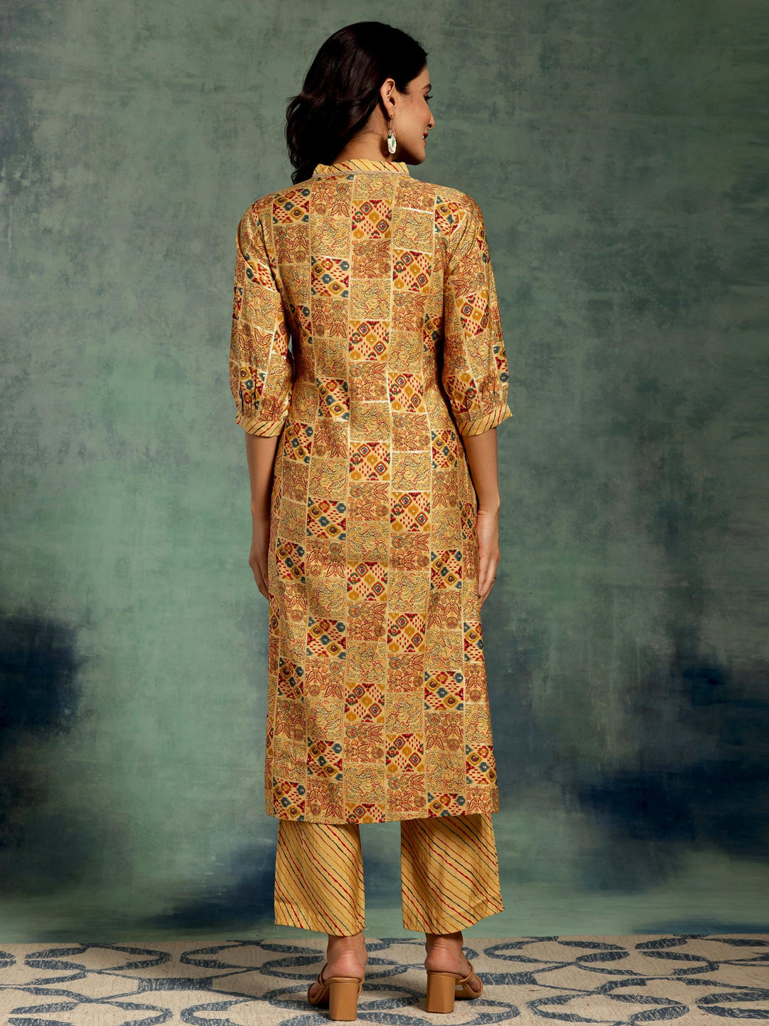 Yellow Printed Silk Blend Straight Kurta Set - Libas 