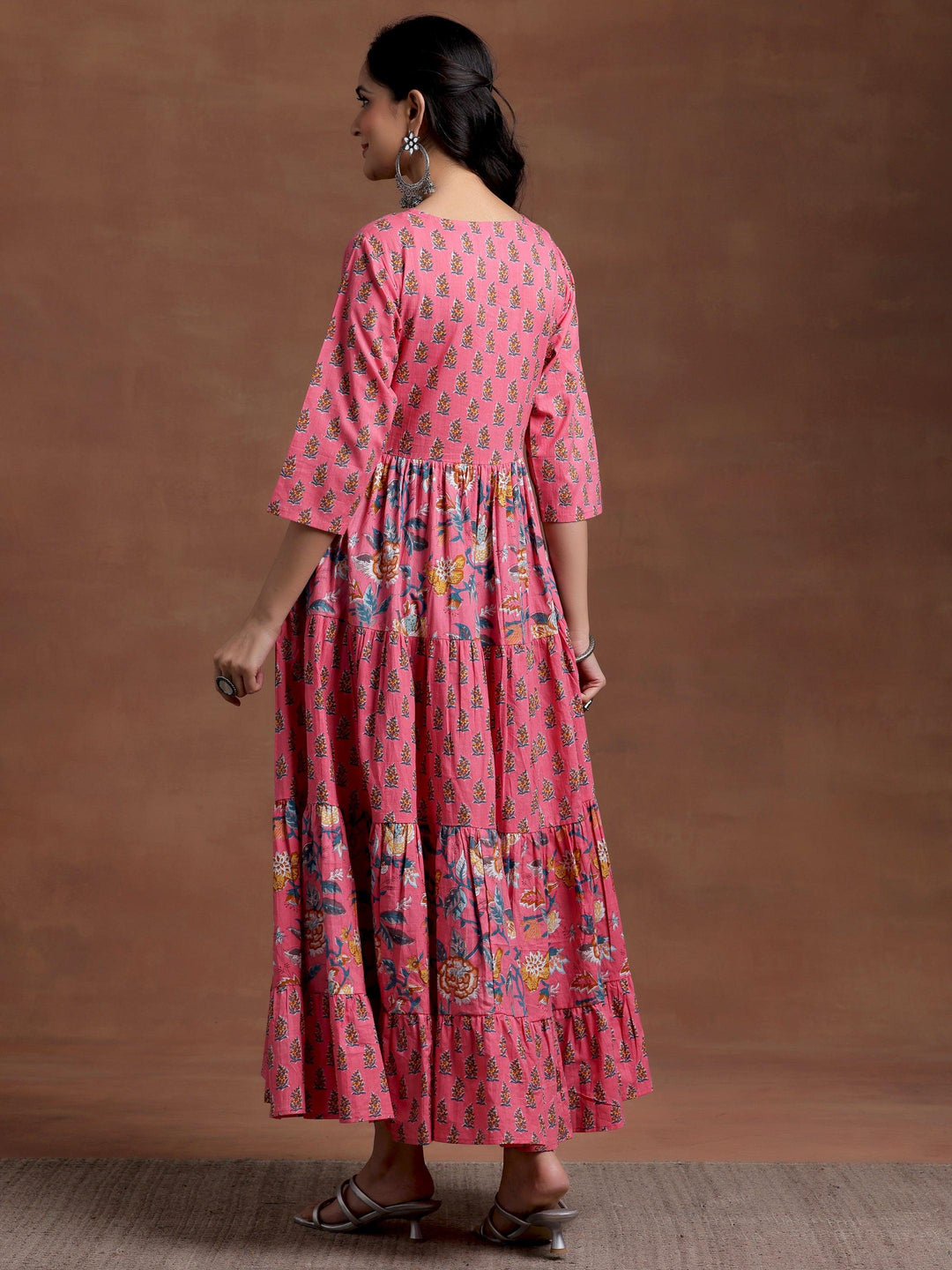 Pink Printed Cotton A-Line Dress - Libas 