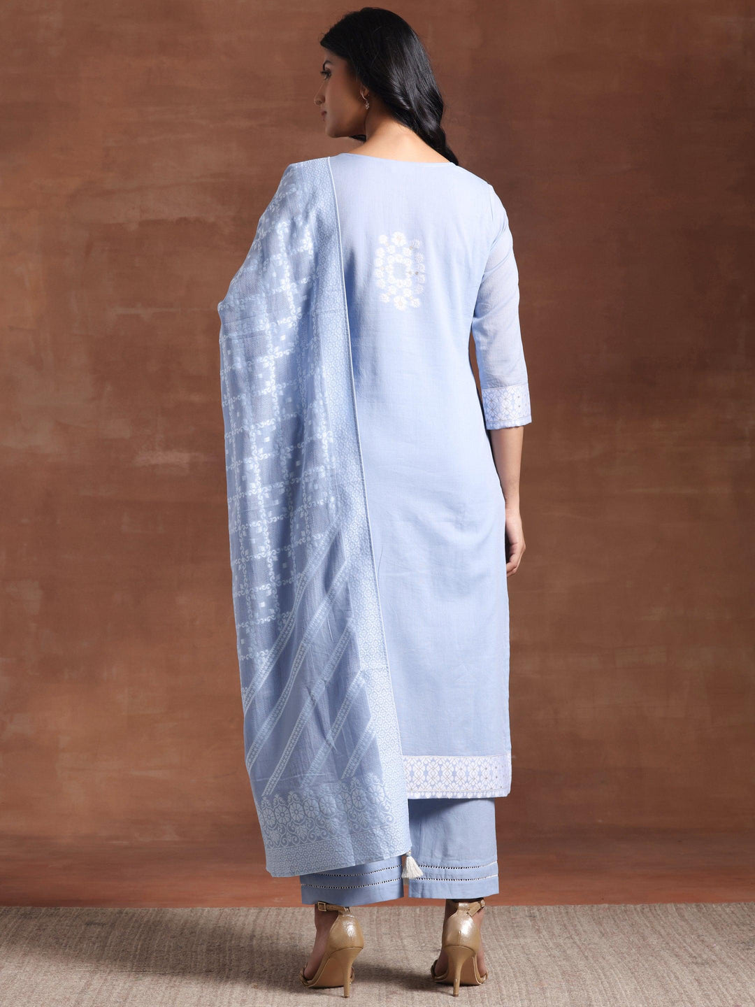 Blue Woven Design Cotton Straight Suit With Dupatta - Libas