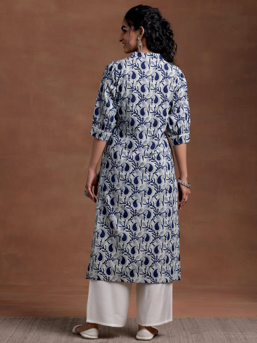 Blue Printed Cotton Straight Kurta - Libas 