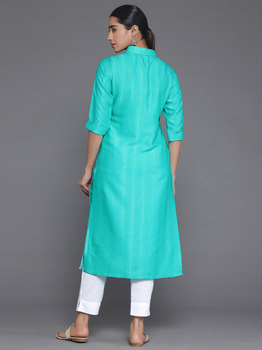 Blue Woven Design Cotton Straight Kurta - Libas