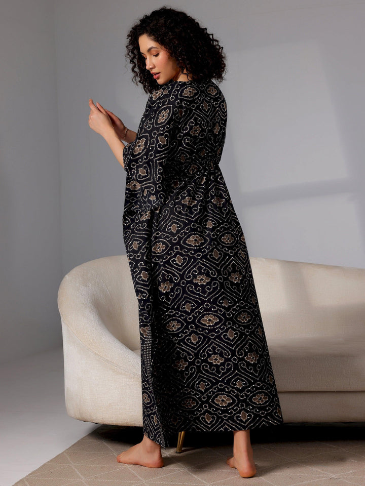 Black Printed Cotton Kaftan Night Dress - Libas