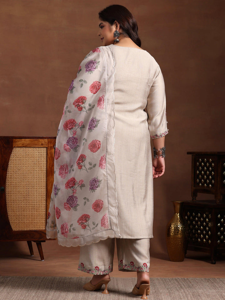 Plus Size Beige Yoke Design Silk Blend Straight Suit With Dupatta - Libas