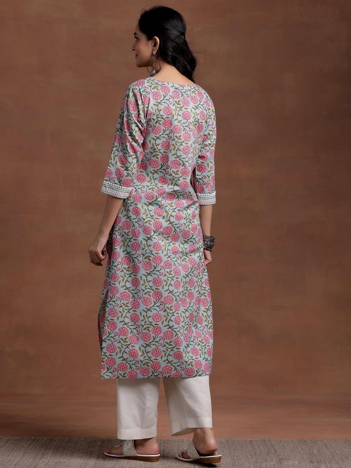 Blue Printed Cotton Straight Kurta - Libas