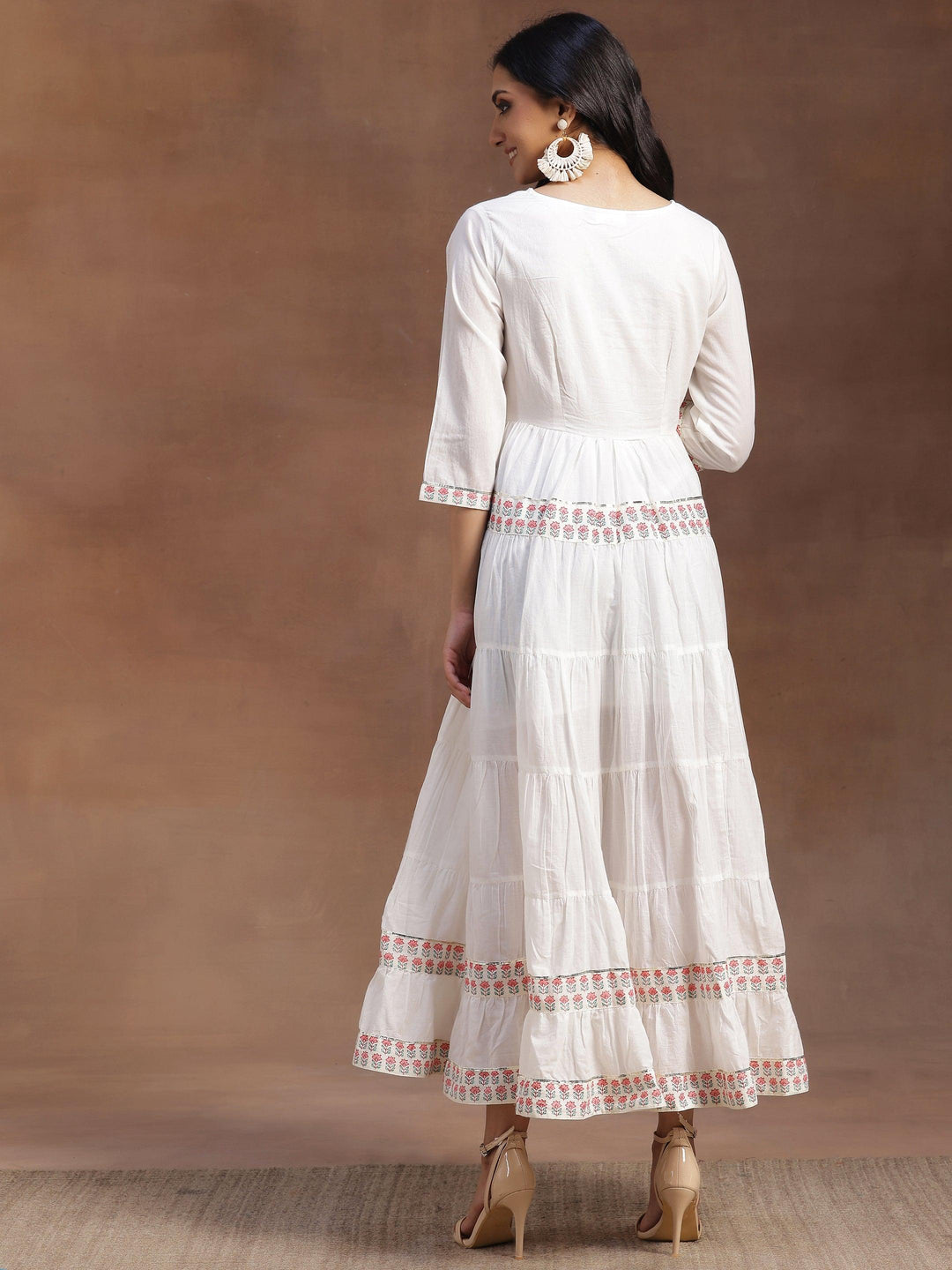 White Printed Cotton Maxi Dress - Libas