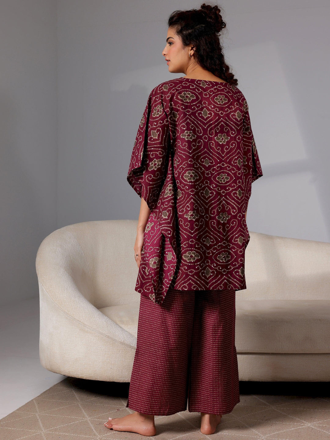 Wine Printed Cotton Night Suits - Libas 