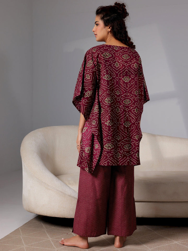 Wine Printed Cotton Night Suits - Libas