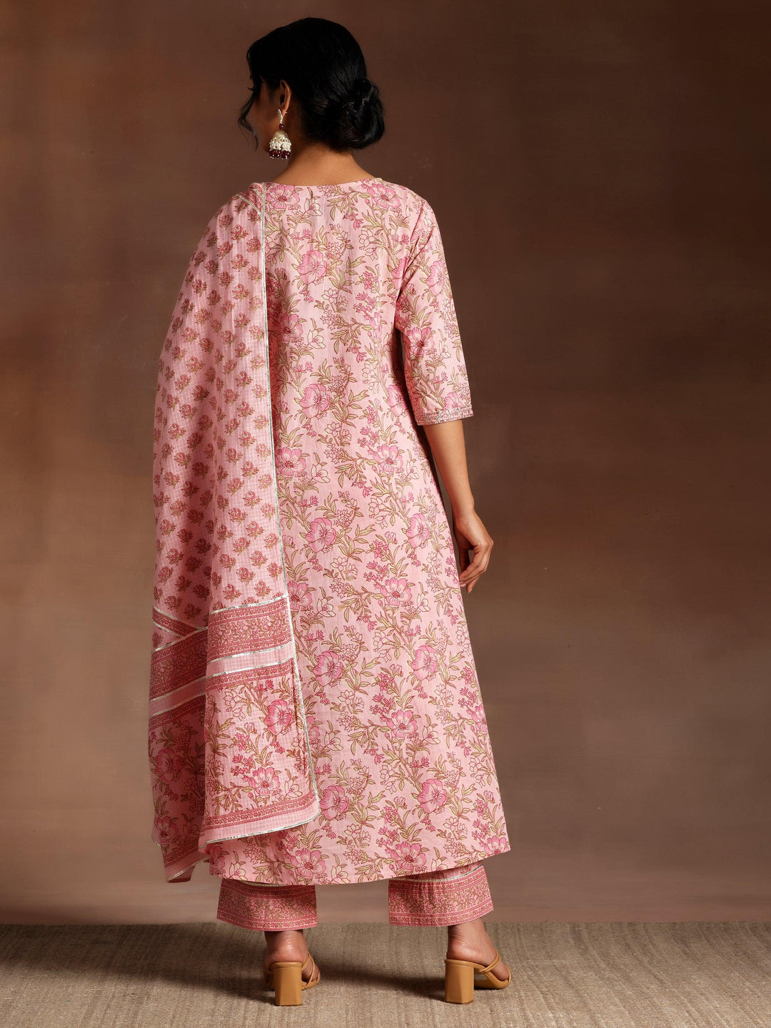 Mariyam Pink Printed Cotton A-Line Kurta With Palazzos & Dupatta - Libas 