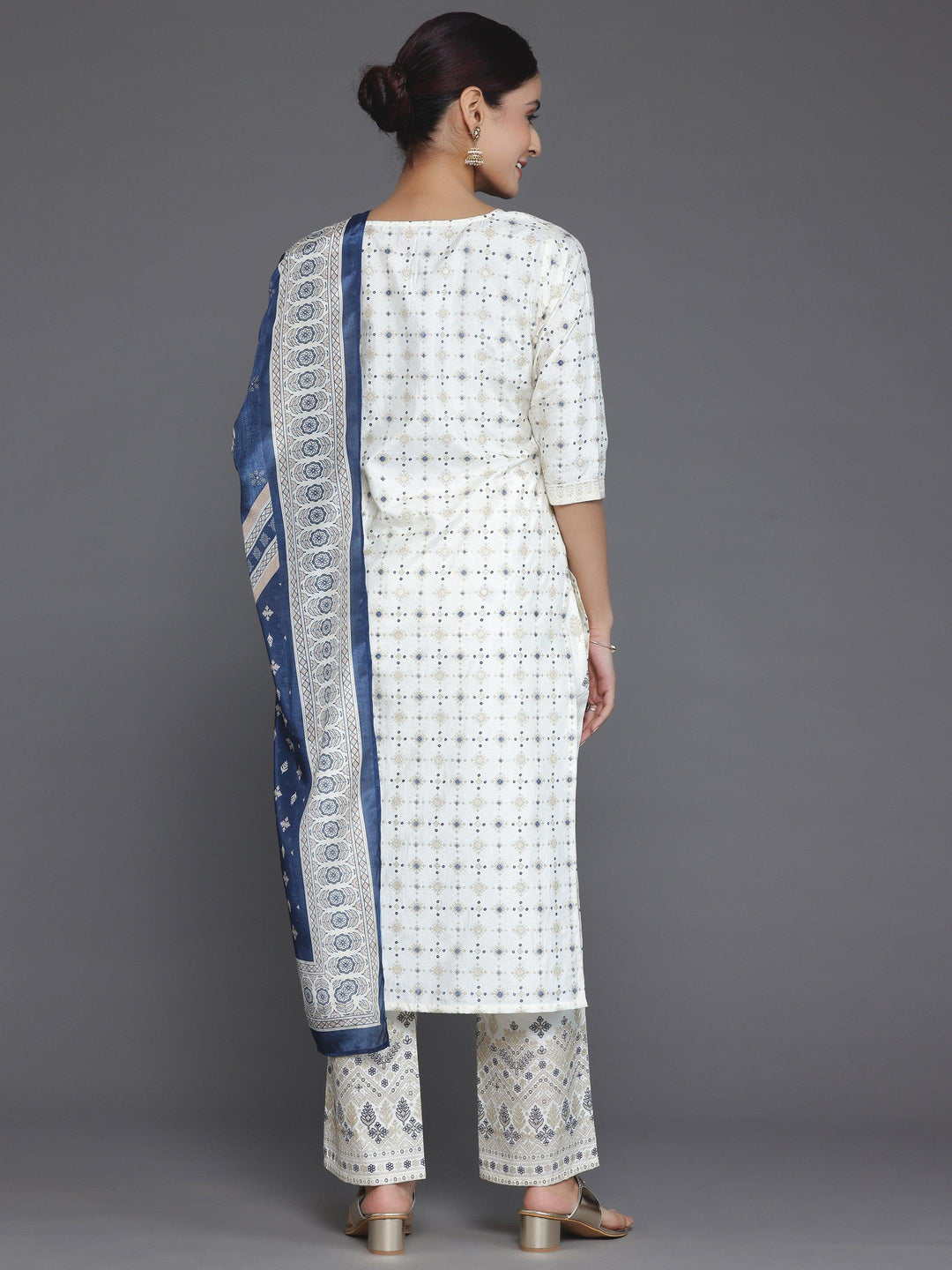 Off White Printed Silk Blend Straight Suit With Dupatta - Libas