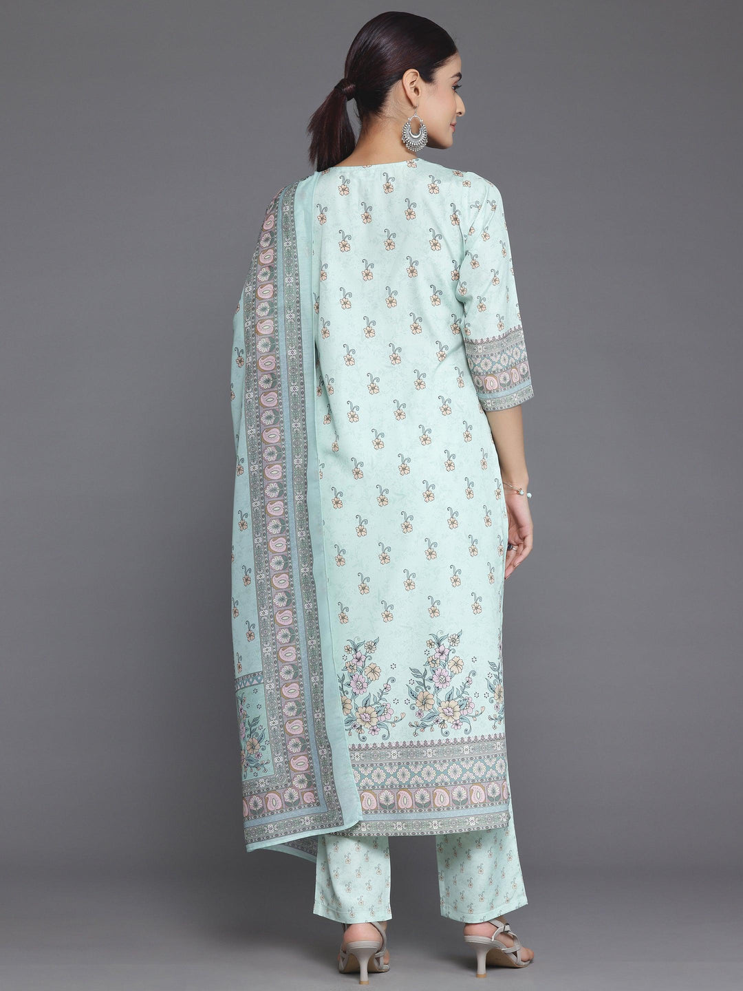 Green Printed Poly Crepe Straight Suit With Dupatta - Libas 