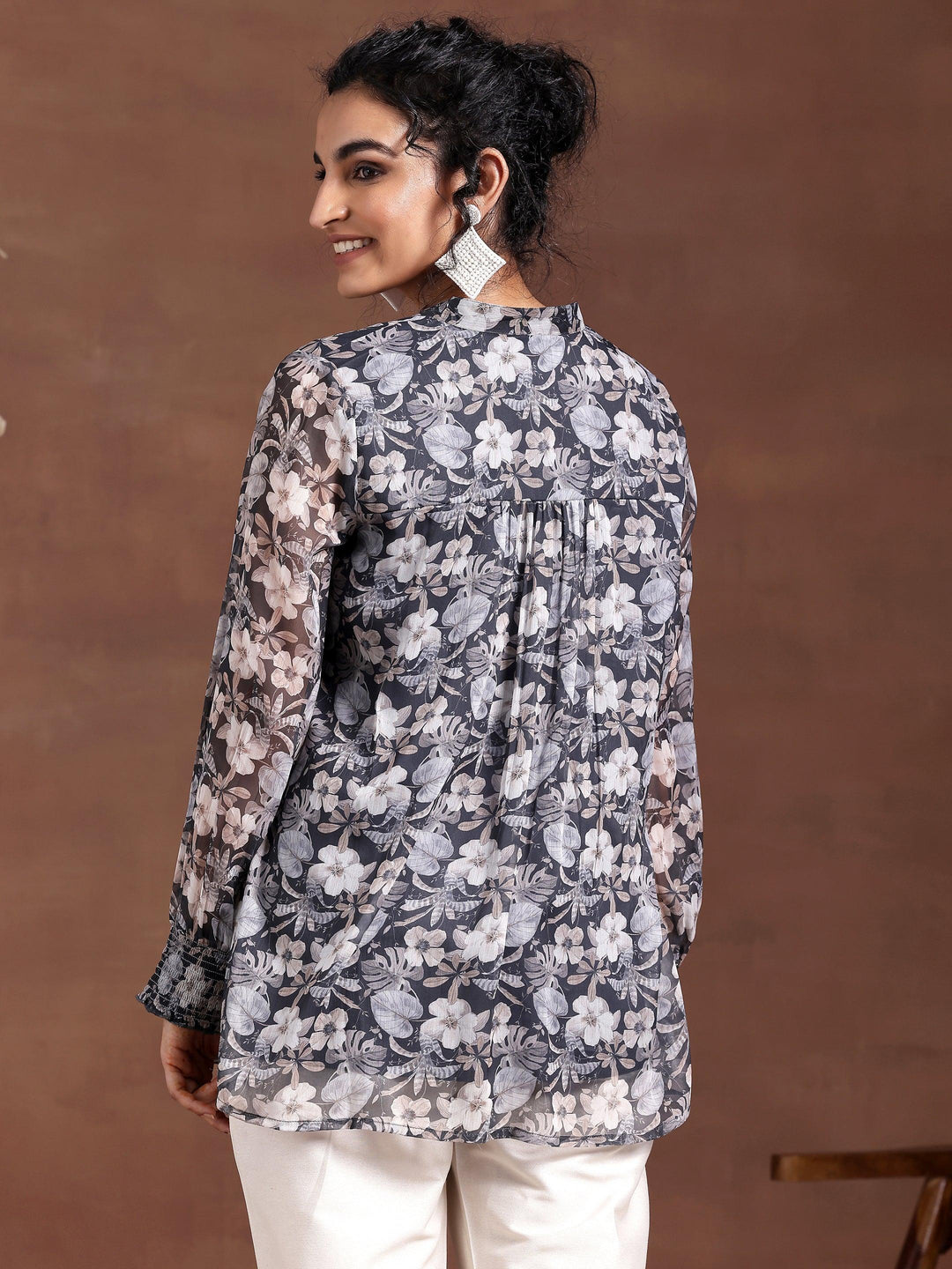 Grey Printed Chiffon A-Line Kurti - Libas 