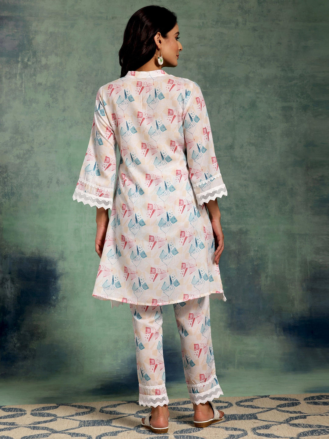 Cream Printed Cotton A-Line Kurta With Trousers - Libas 