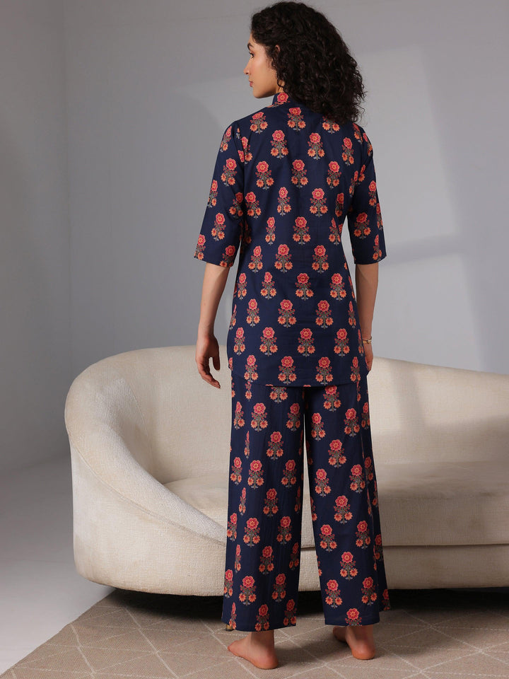 Blue Printed Cotton Night Suits - Libas