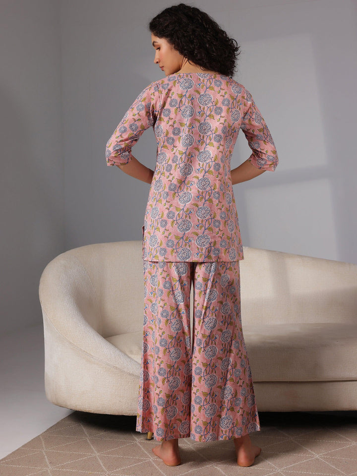 Peach Printed Cotton Night Suits - Libas