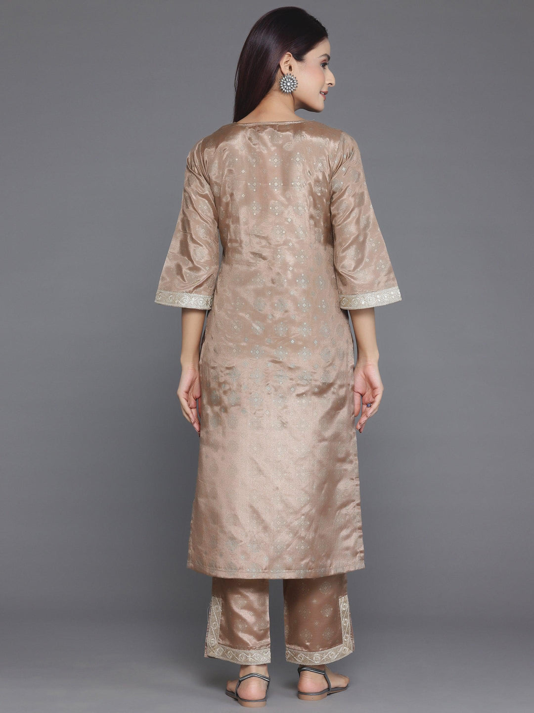 Brown Woven Design Silk Blend Straight Kurta Set - Libas