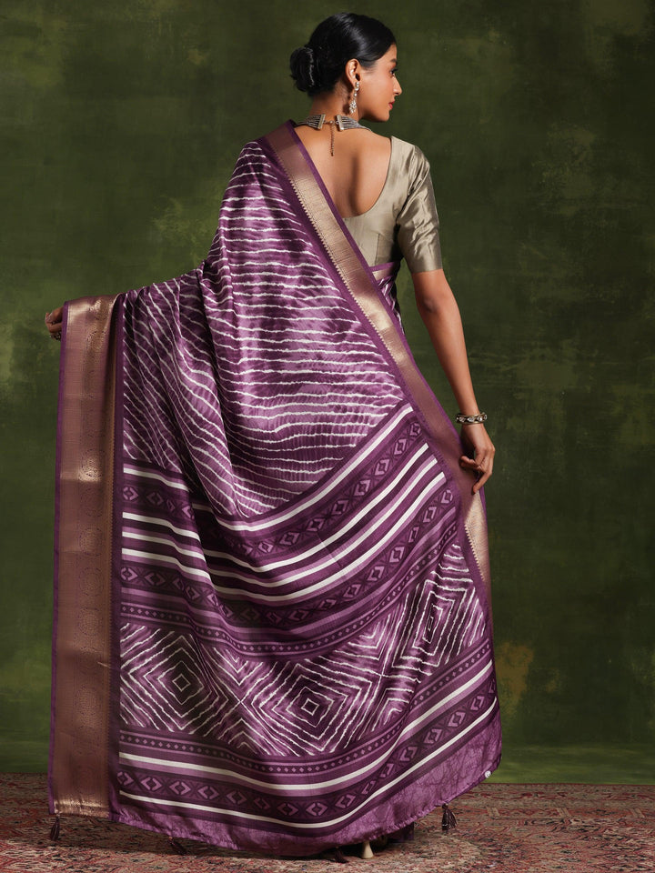 Mauve Printed Silk Blend Saree With Unstitched Blouse Piece - Libas