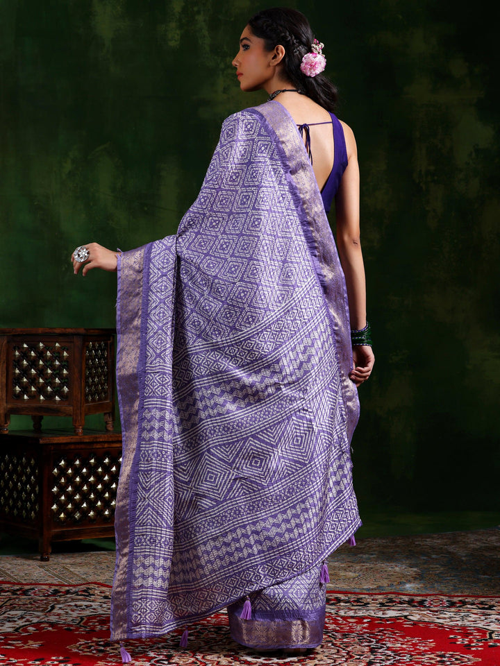 Lavender Printed Silk Blend Saree With Unstitched Blouse Piece - Libas