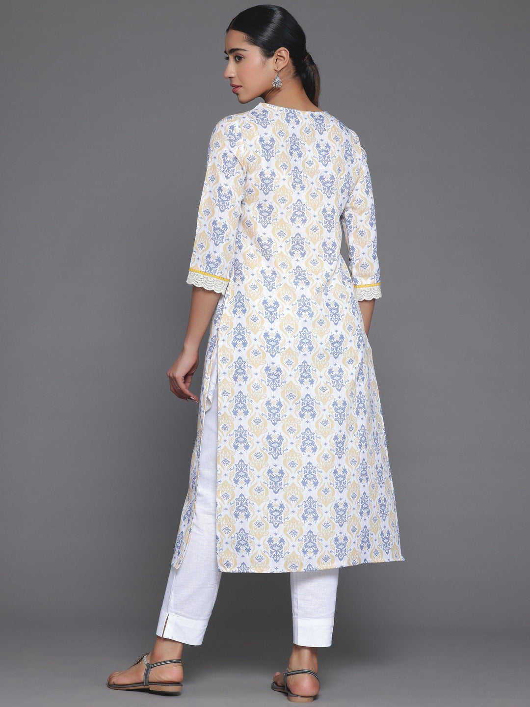 Off White Printed Cotton Straight Kurta - Libas