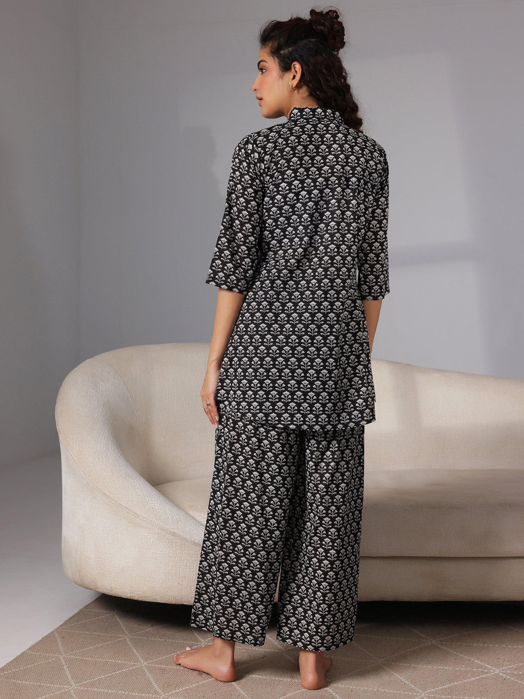 Black Printed Cotton Night Suits - Libas