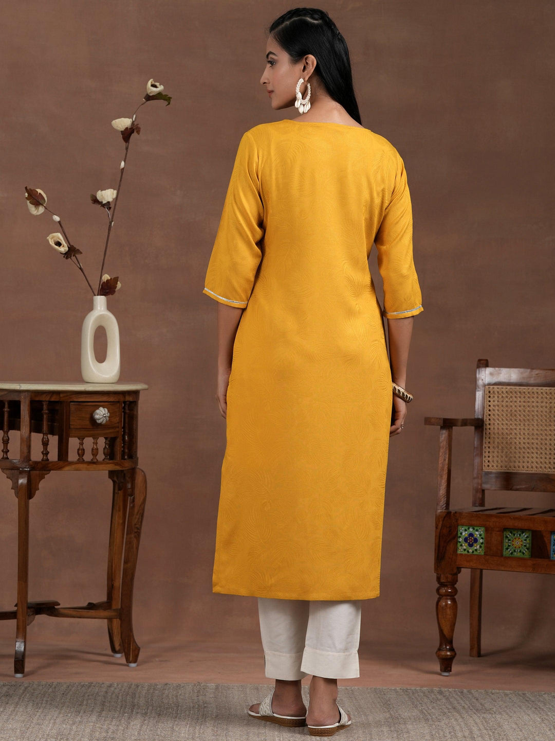 Yellow Yoke Design Rayon Straight Kurta - Libas 