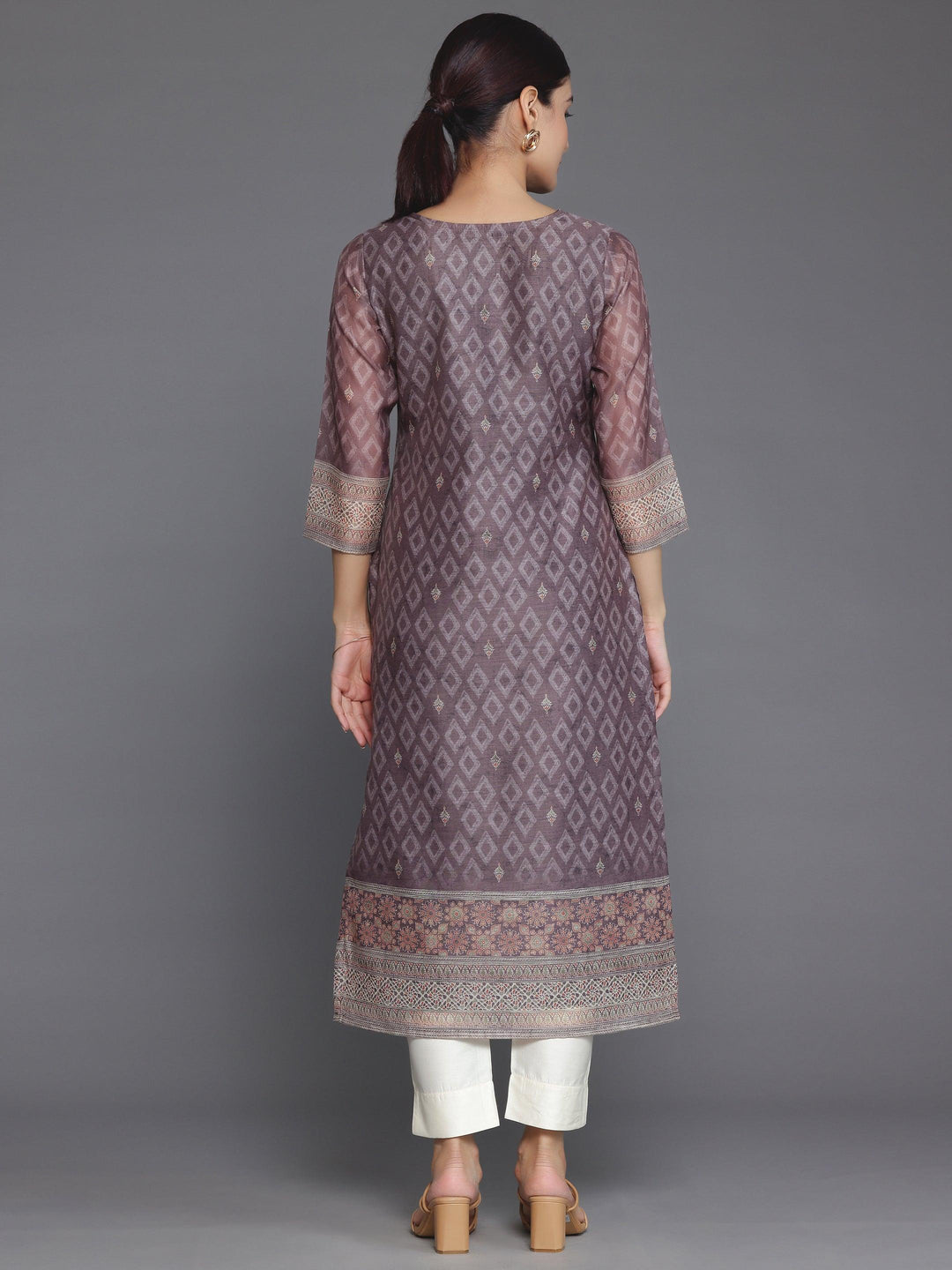 Brown Embellished Chanderi Silk Straight Kurta - Libas 