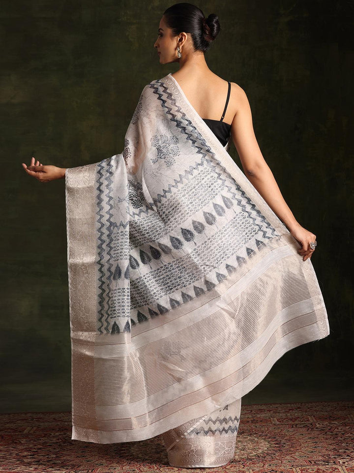 Grey Printed Silk Blend Saree With Unstitched Blouse Piece - Libas