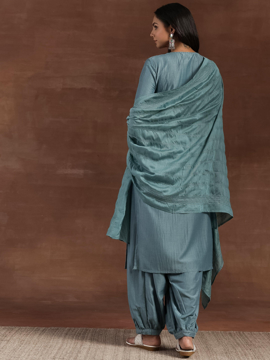 Grey Self Design Silk Blend Straight Suit With Dupatta - Libas 