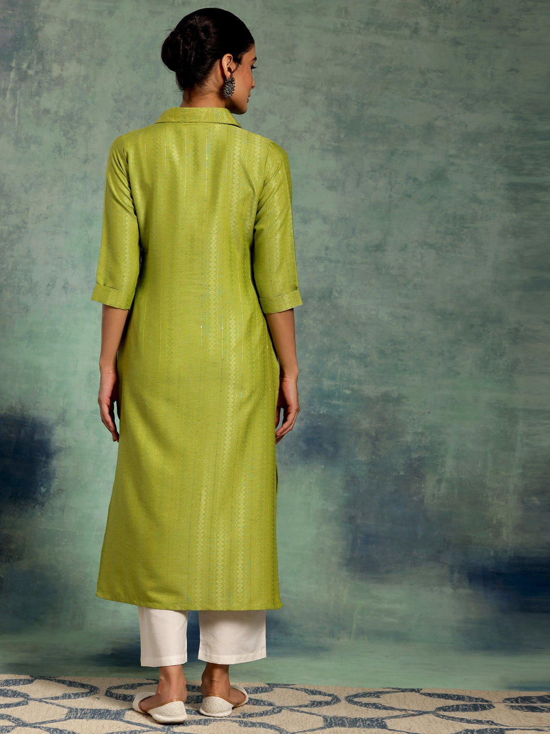 Green Woven Design Cotton Straight Kurta - Libas 