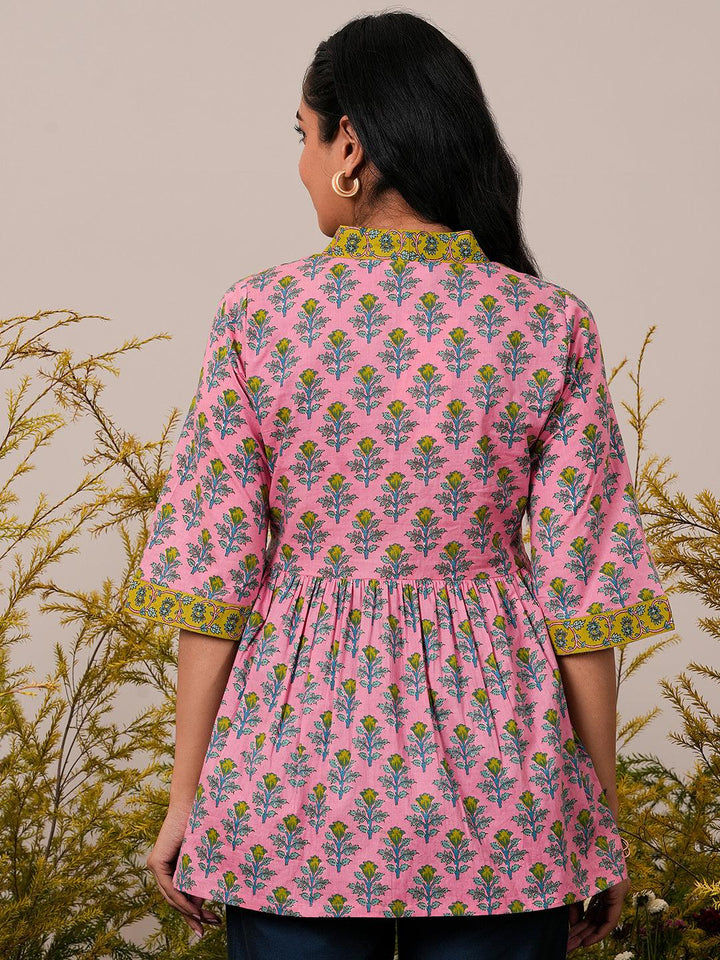 Pink Printed Cotton A-Line Kurti - Libas