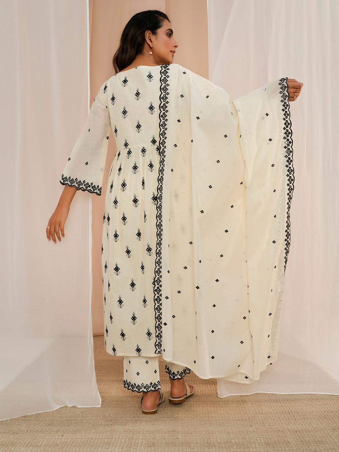 Off White Embroidered Cotton Anarkali Suit With Dupatta - Libas