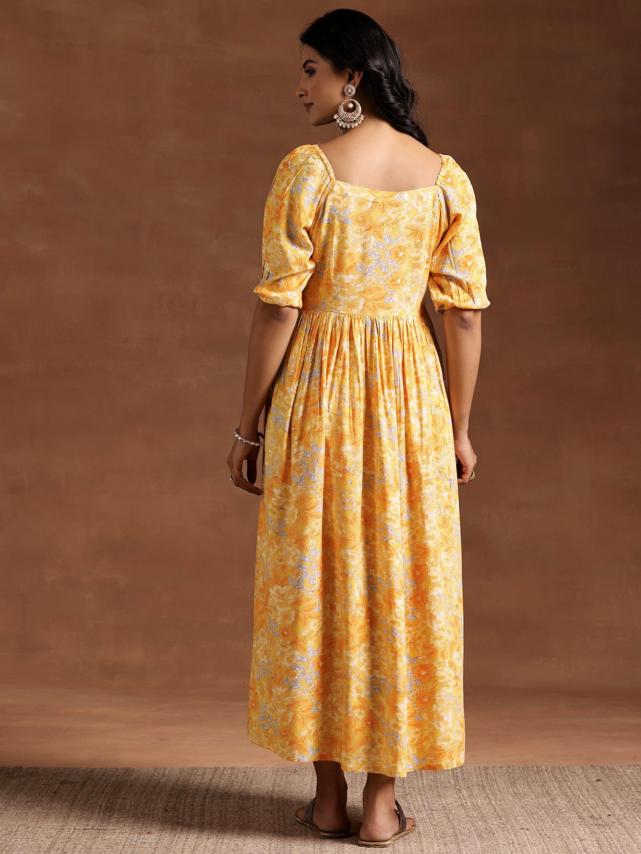 Yellow Printed Rayon Fit and Flare Dress