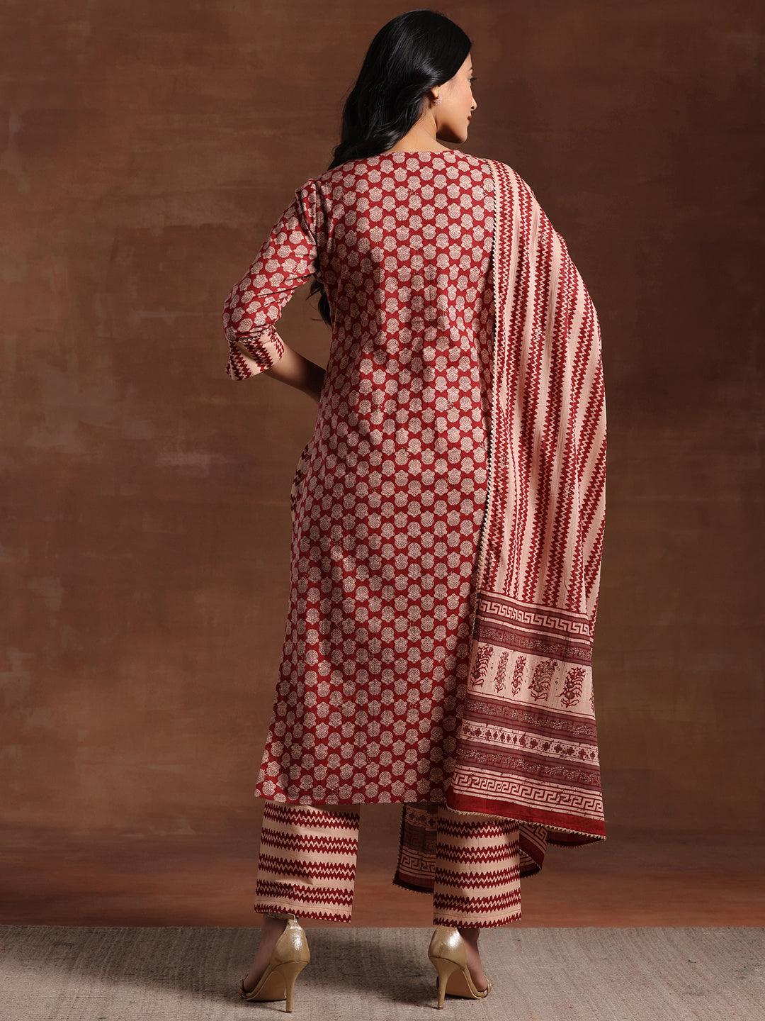 Maroon Printed Cotton Straight Suit With Dupatta - Libas