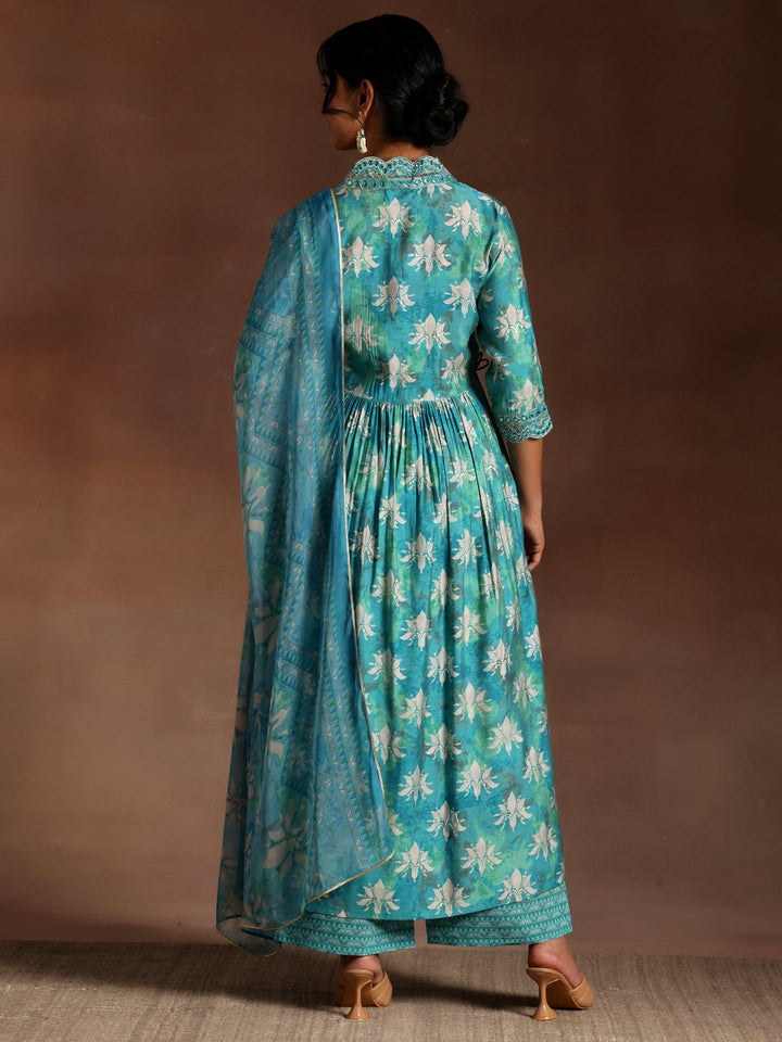 Blue Printed Silk Blend A-Line Kurta With Palazzos & Dupatta - Libas