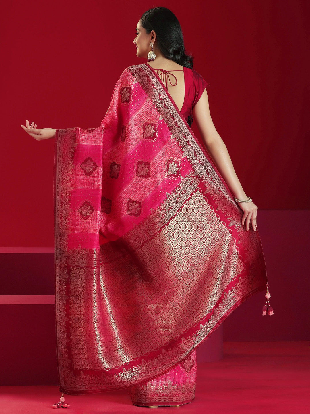 Libas Art Pink Woven Design Satin Saree With Unstitched Blouse Piece - Libas