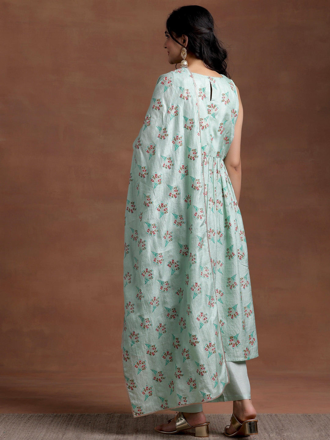 Sea green Printed Silk Blend A-Line Kurta With Palazzos & Dupatta - Libas