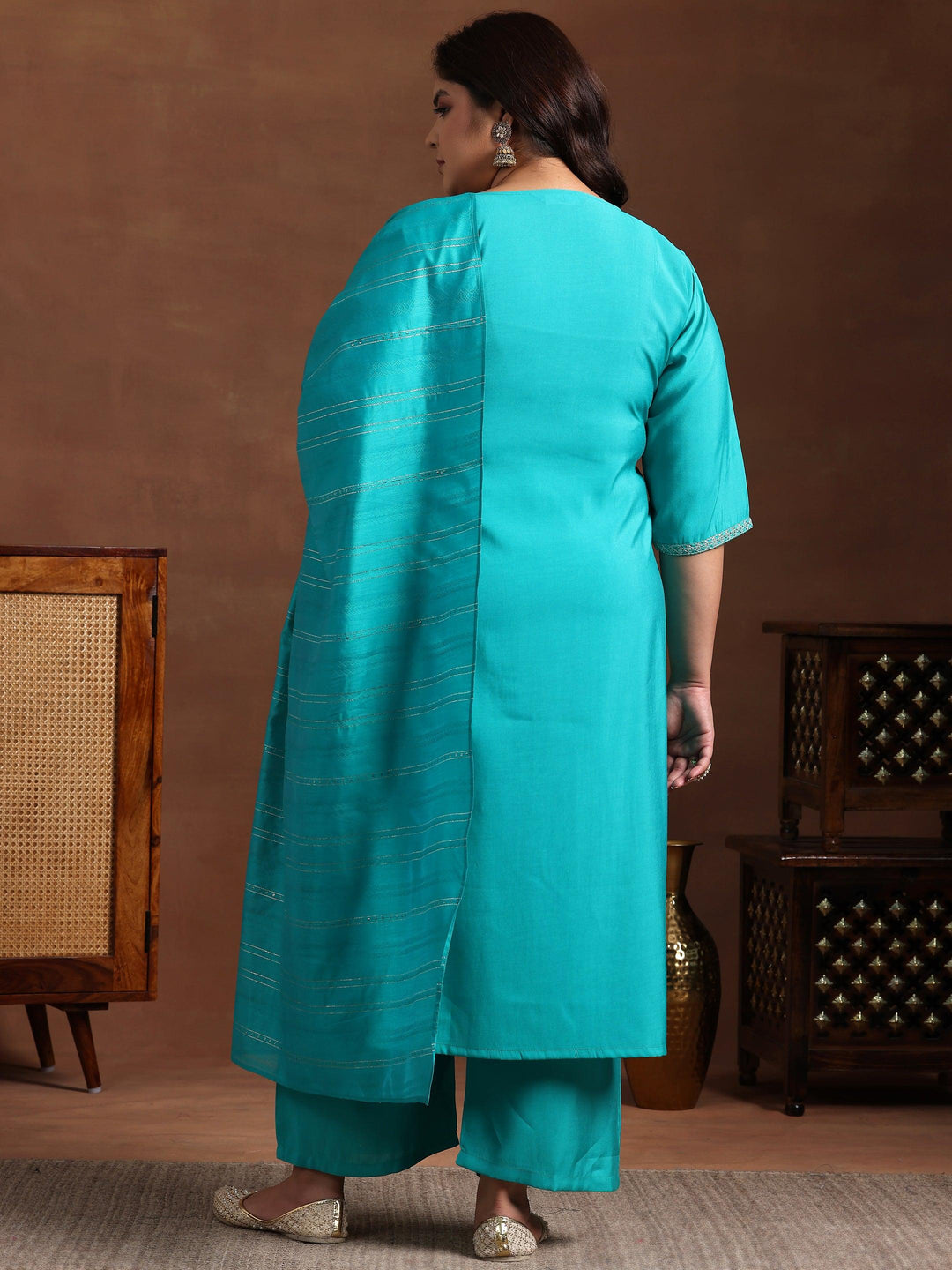 Plus Size Green Yoke Design Silk Blend Straight Suit With Dupatta - Libas 