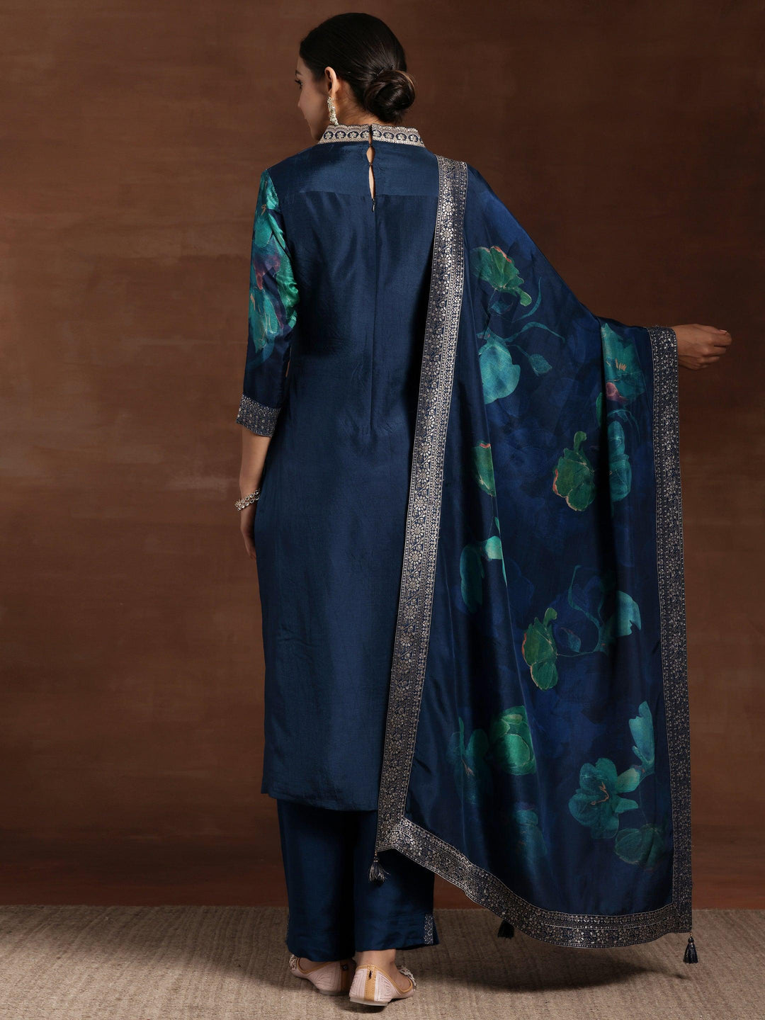 Blue Printed Silk Blend Straight Suit With Dupatta - Libas 