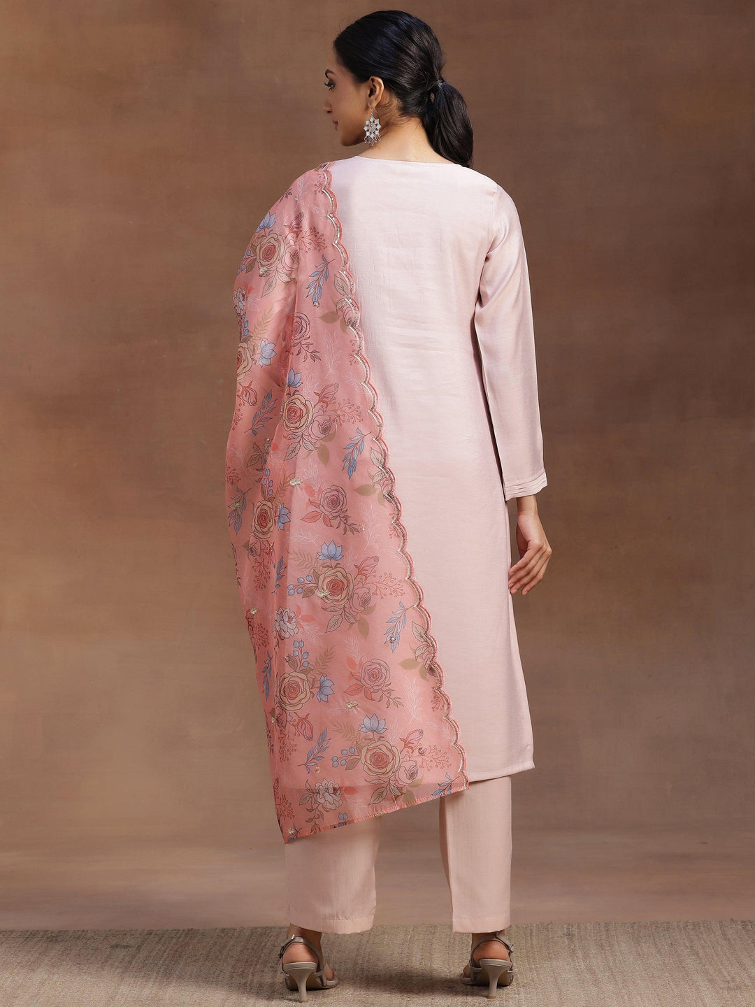 Peach Yoke Design Silk Blend Straight Suit With Dupatta - Libas 