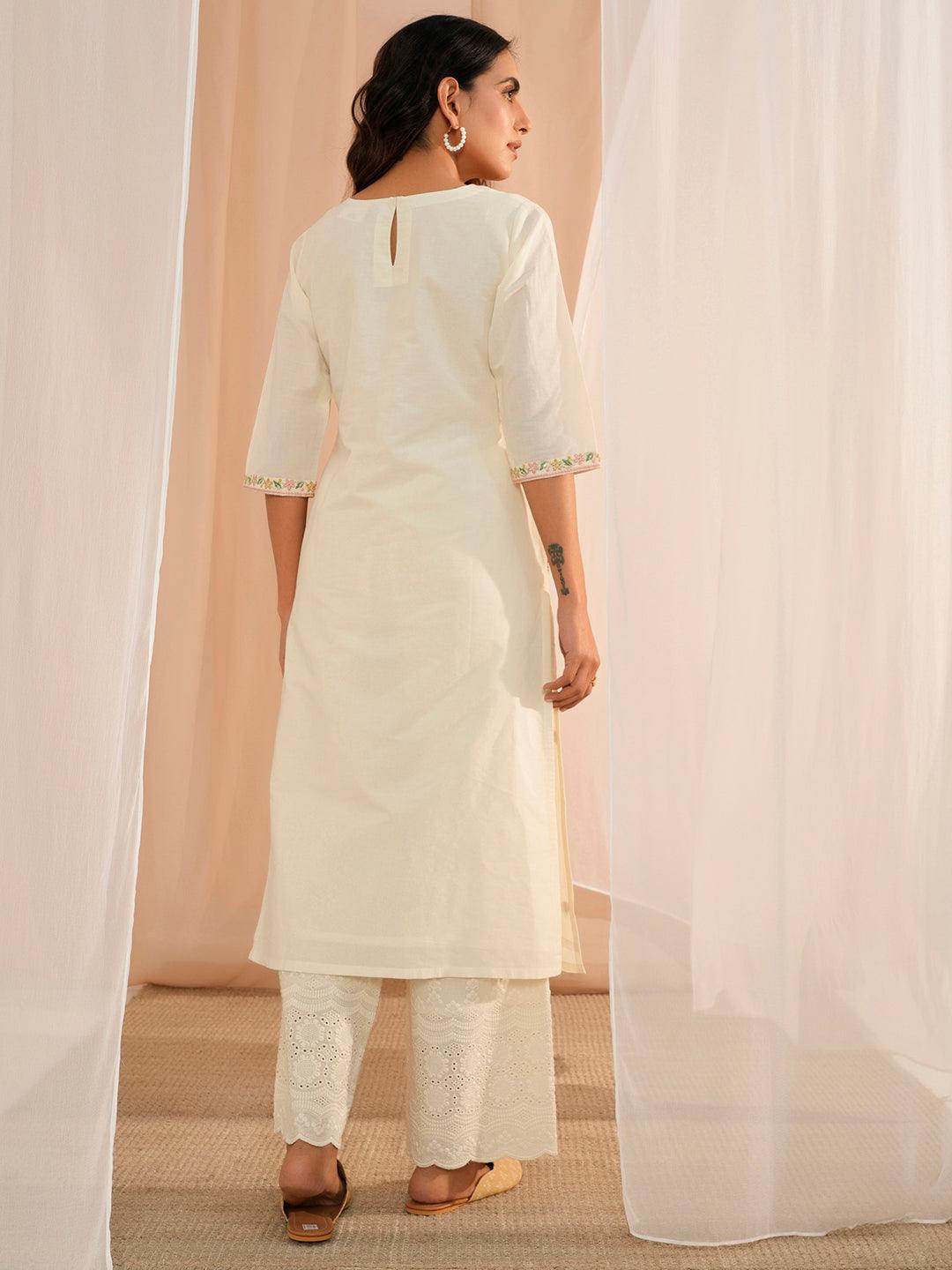 Off White Embroidered Cotton Straight Kurta - Libas 