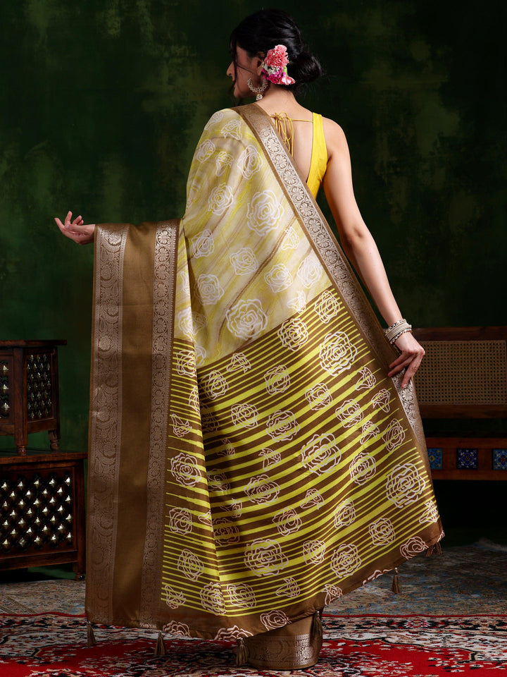 Khaki Brown Printed Silk Blend Saree With Unstitched Blouse Piece - Libas