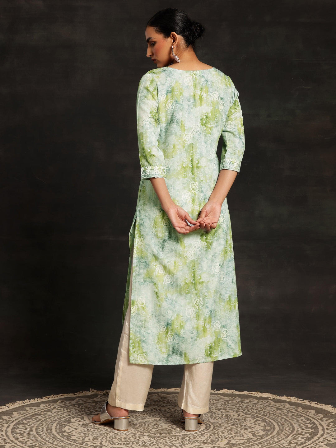 Green Printed Cotton Straight Kurta - Libas 