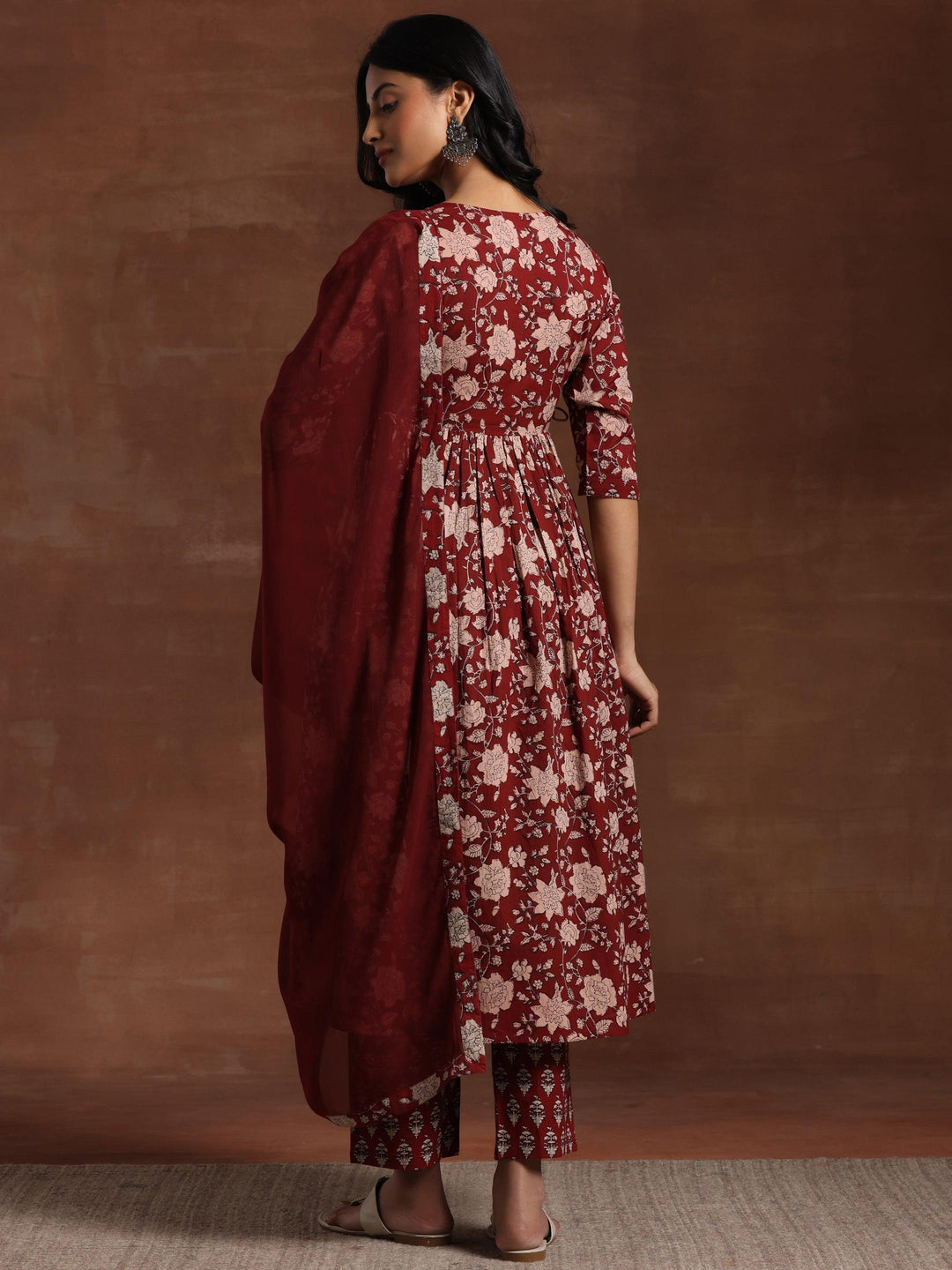 Maroon Printed Pure Cotton Anarkali Suit With Dupatta - Libas