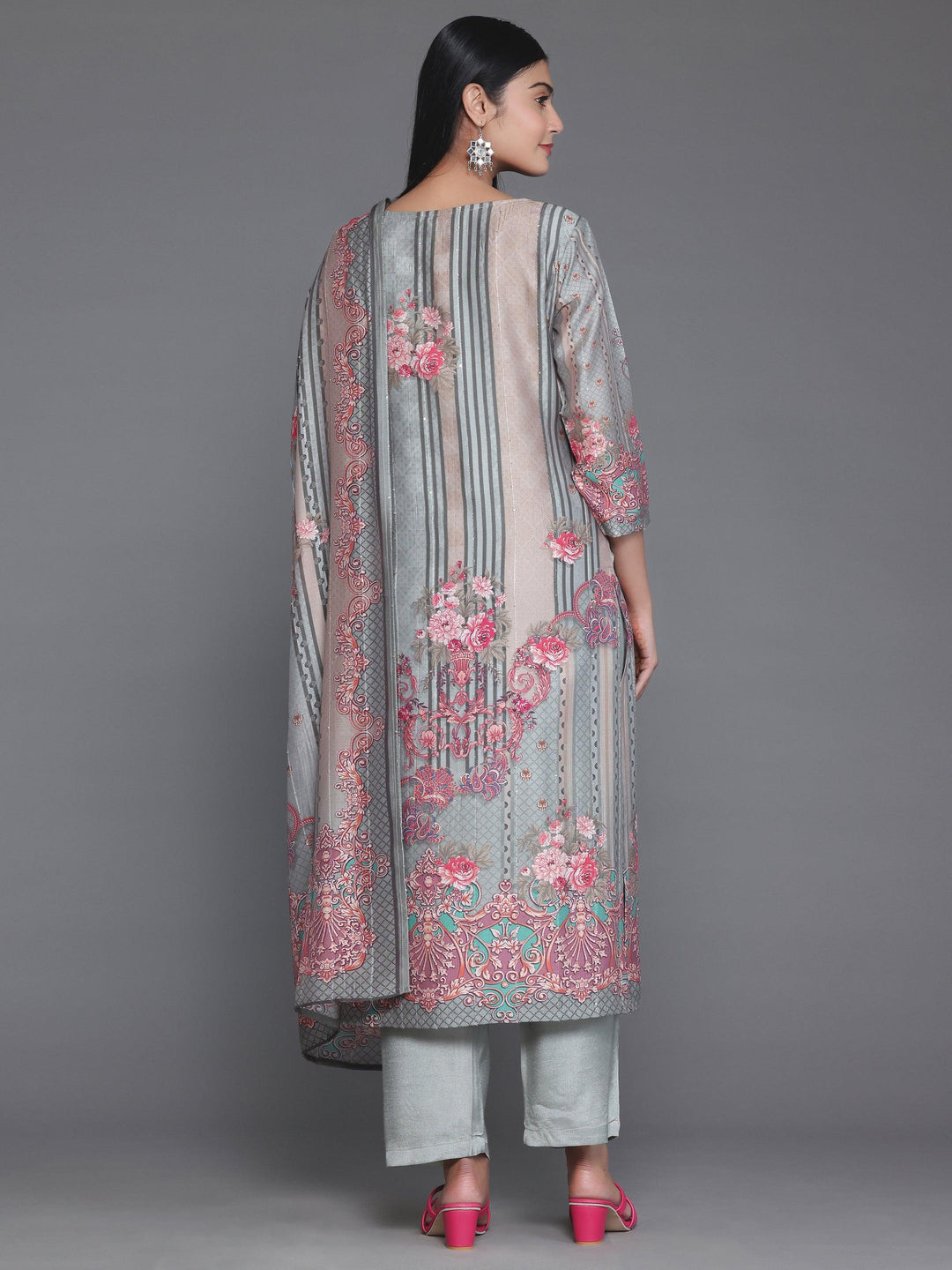 Grey Printed Silk Blend Straight Suit With Dupatta - Libas 