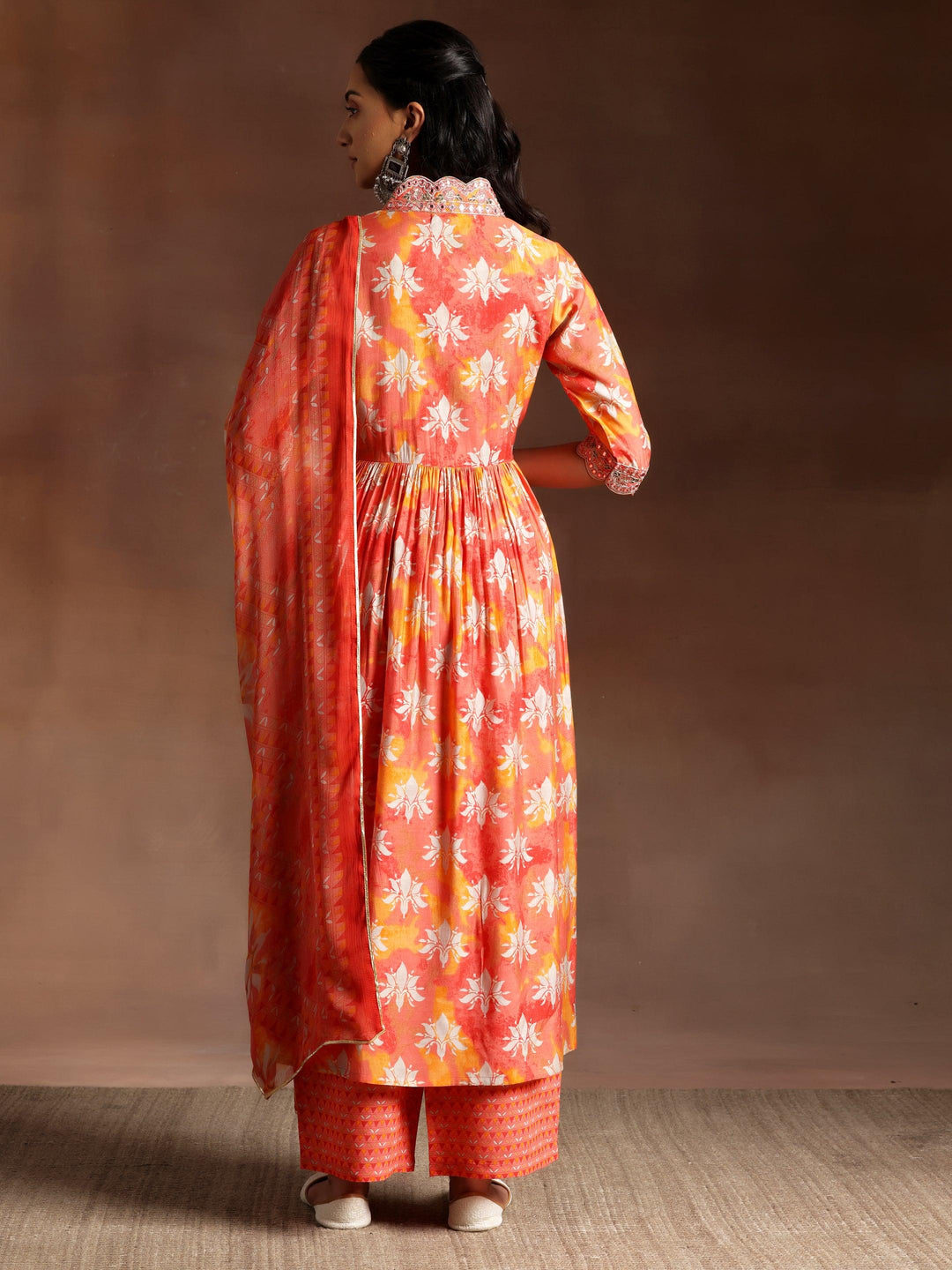 Saanjh Orange Printed Silk Blend A-Line Kurta With Palazzos & Dupatta - Libas