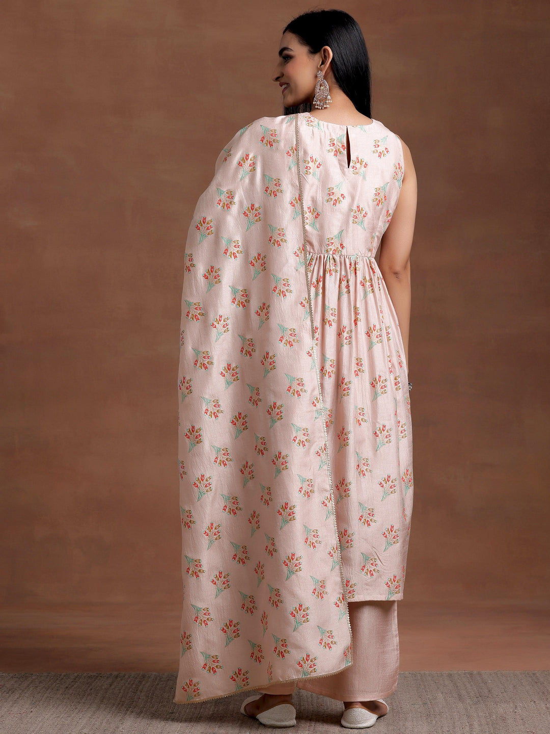 Powder Pink Printed Silk Blend A-Line Kurta With Palazzos & Dupatta - Libas